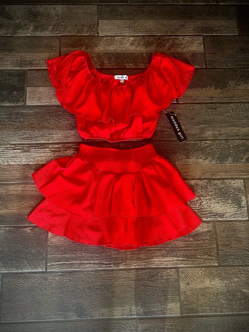 Madden Girl red gauze ruffle skirt and crop top set M